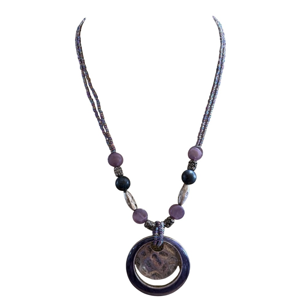 Purple Beaded Statement Necklace Hammered Silver Tone Pendant Laura Ashley 1680